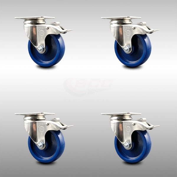 4 Inch 316SS Solid Polyurethane Swivel Top Plate Caster Set Total Lock Brake SCC
